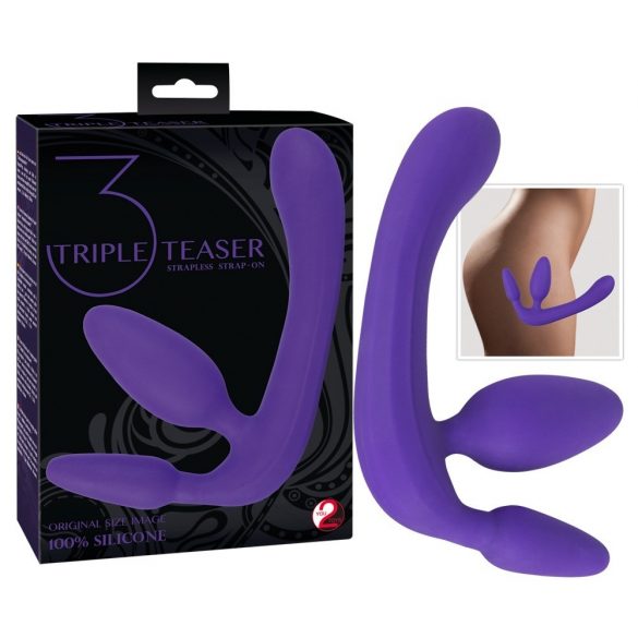 Driedubbele, riemloze strap-on dildo (paars)