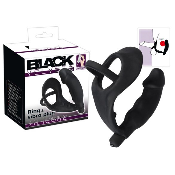 Black Velvet - anale vibrator met penis- en teelbalring (zwart)