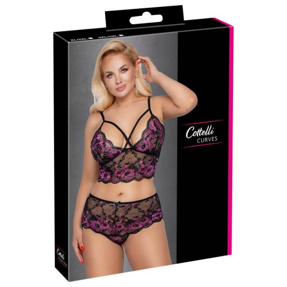 Cottelli Plus Size - bloemen beha set (zwart-paars)