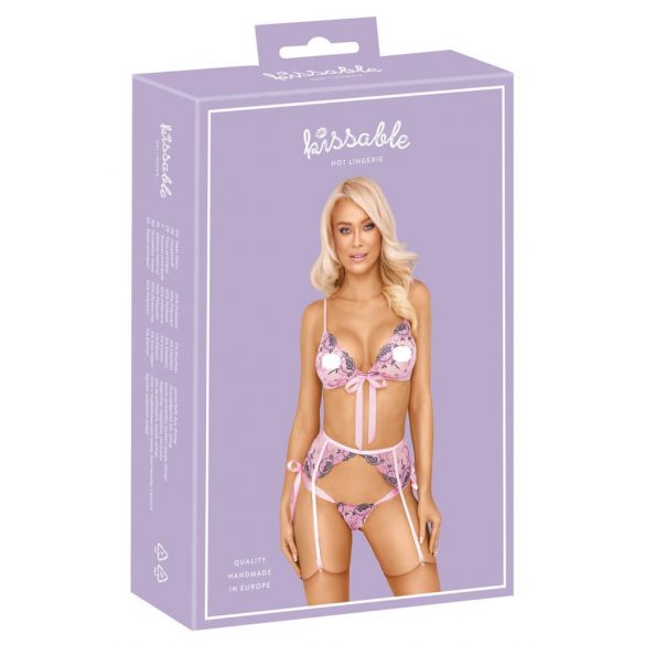 Kusbare - rozen geborduurd lingerie set (roze) - L/XL