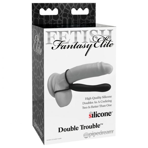 Fetish Double Trouble - tepel- en penisring met anale dildo (zwart)