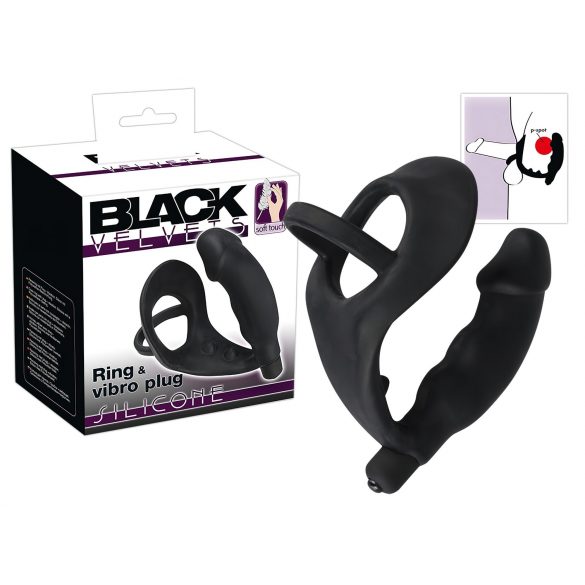 Black Velvet - anale vibrator met penis- en teelbalring (zwart)