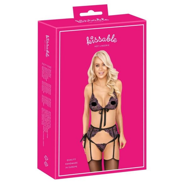 Kissable - zwart bh set met roze-paarse borduursel