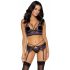 Cottelli - 3-delig kanten lingerie set (zwart-paars)