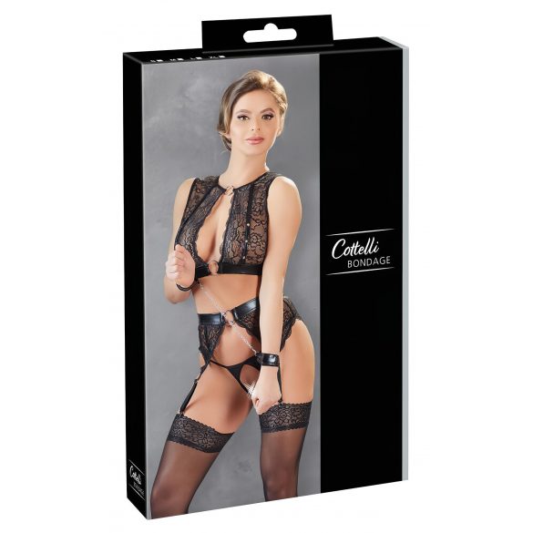 Cottelli Bondage - glanzend gestreepte kanten lingerie set (4-delig)