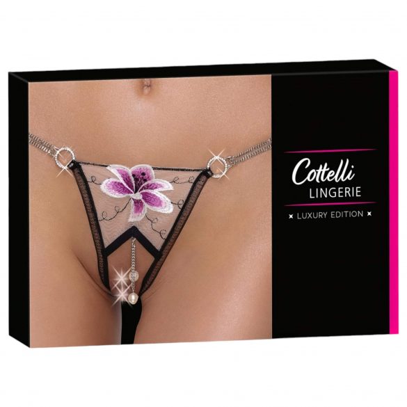 Cottelli - luxe string met geborduurde lelies (zwart-wit)