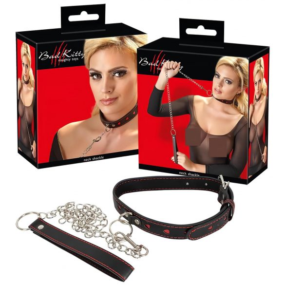 Bad Kitty - hartjes halsband met metalen riem (zwart-rood)