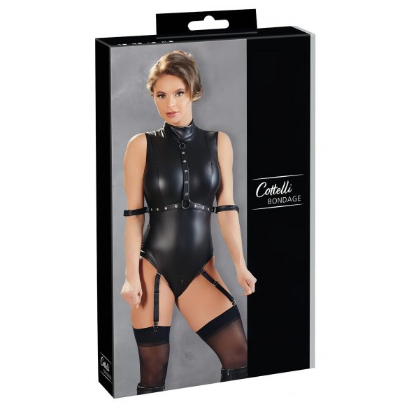 Cottelli Bondage - mouwloze, glanzende body met handboeien (zwart) - L