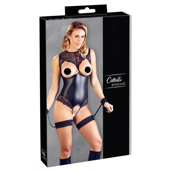 Cottelli Bondage - glanzend open body met handboeien (zwart)