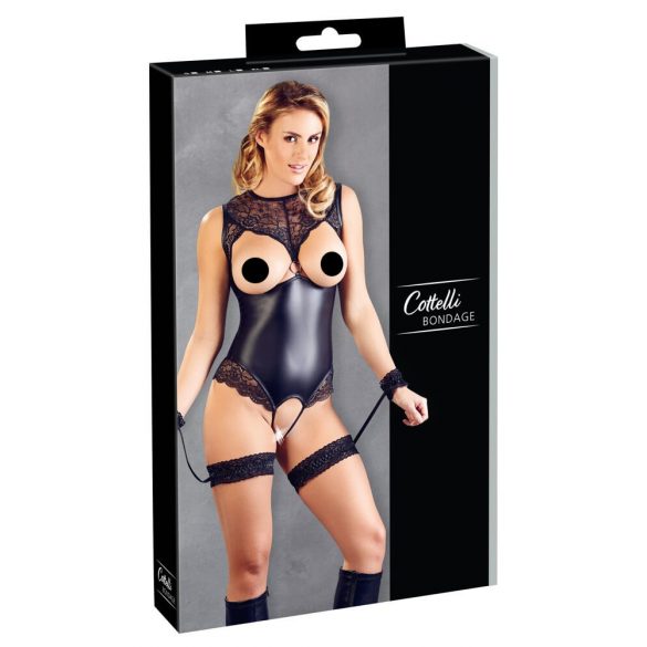 Cottelli Bondage - glanzend open body met handboeien (zwart) - L