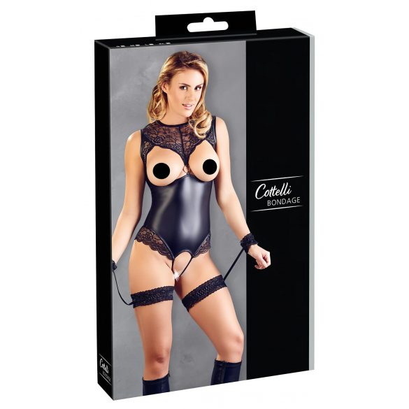 Cottelli Bondage - glanzend open body met handboeien (zwart) - XL