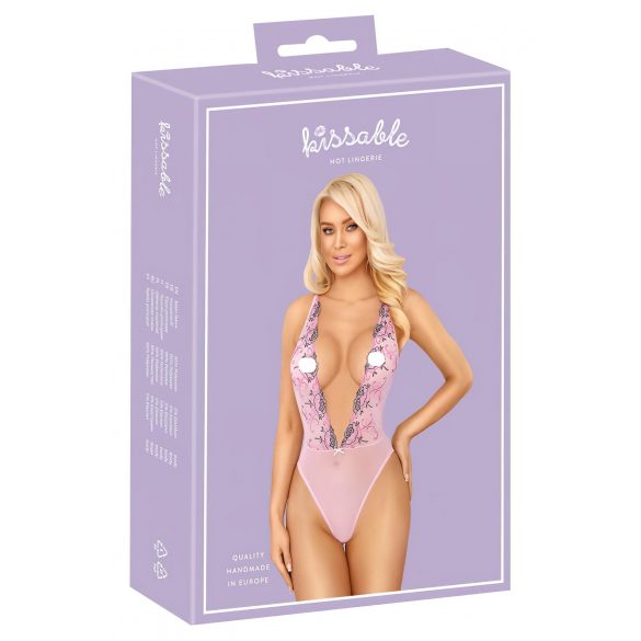 Kissable - geborduurd body met rozen (roze) - L/XL