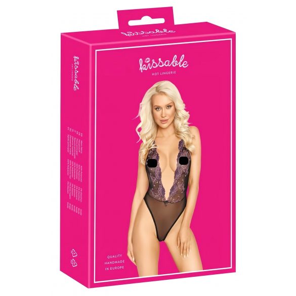 Kissable - roze geborduurde body (zwart)