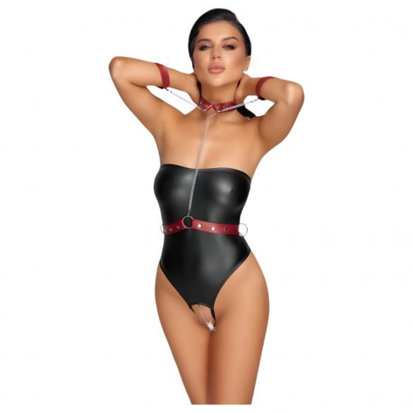 Cottelli Bondage - glanzend body met armhouders (zwart-rood)